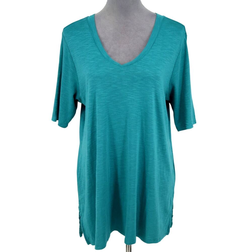 J Jill Top Petites LP PL Green Pima Cotton Elbow Sleeve Tunic Double V T-shirt
